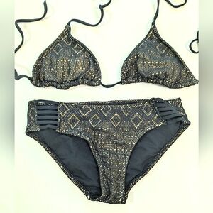 Y2K, Candies 2 Piece Swimsuit, Black & Gold Crochet, Size L Bottoms, XL Top